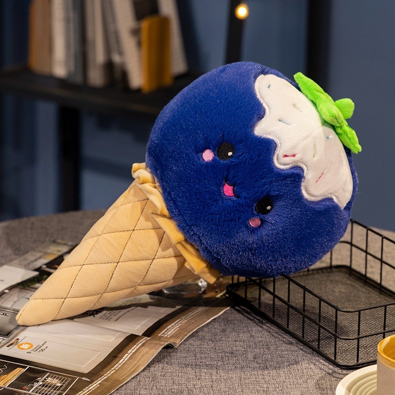 Blueberry Ice Cream Plush Toy featuring a smiling fruit-inspired design, soft plush fabric, embroidered details, and a waffle cone shape