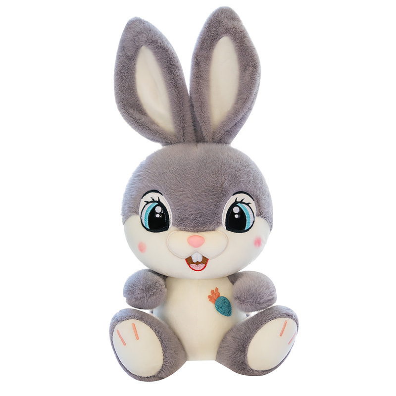 Gray Sweet Bunny plush toy with long upright ears, soft plush fabric, embroidered facial details, and a huggable seated design