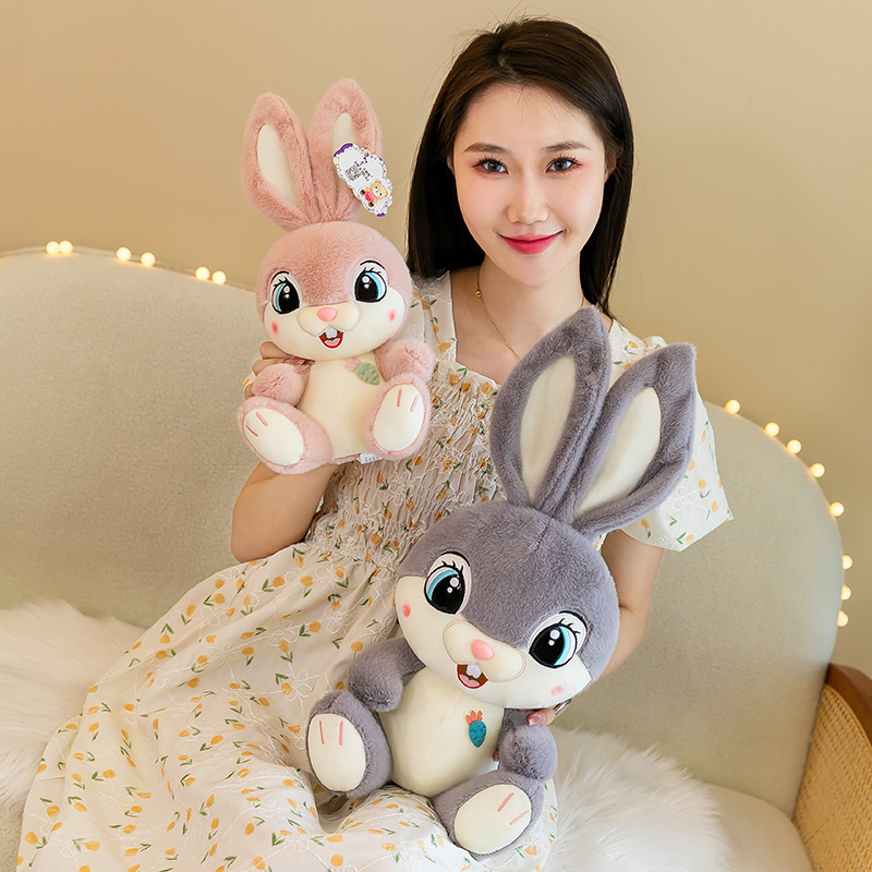 Sweet Bunny plush toys in two sizes, showcasing the size difference between pink and gray bunny designs with soft textures and embroidered details