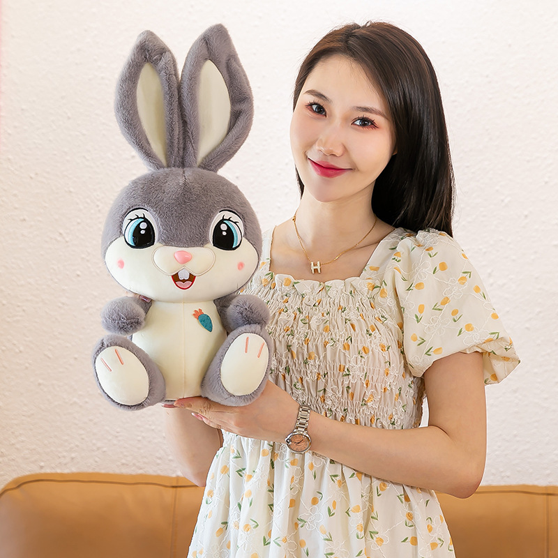 Gray Sweet Bunny plush toy with oversized ears and soft plush fabric, showcasing its huggable size and adorable embroidered details