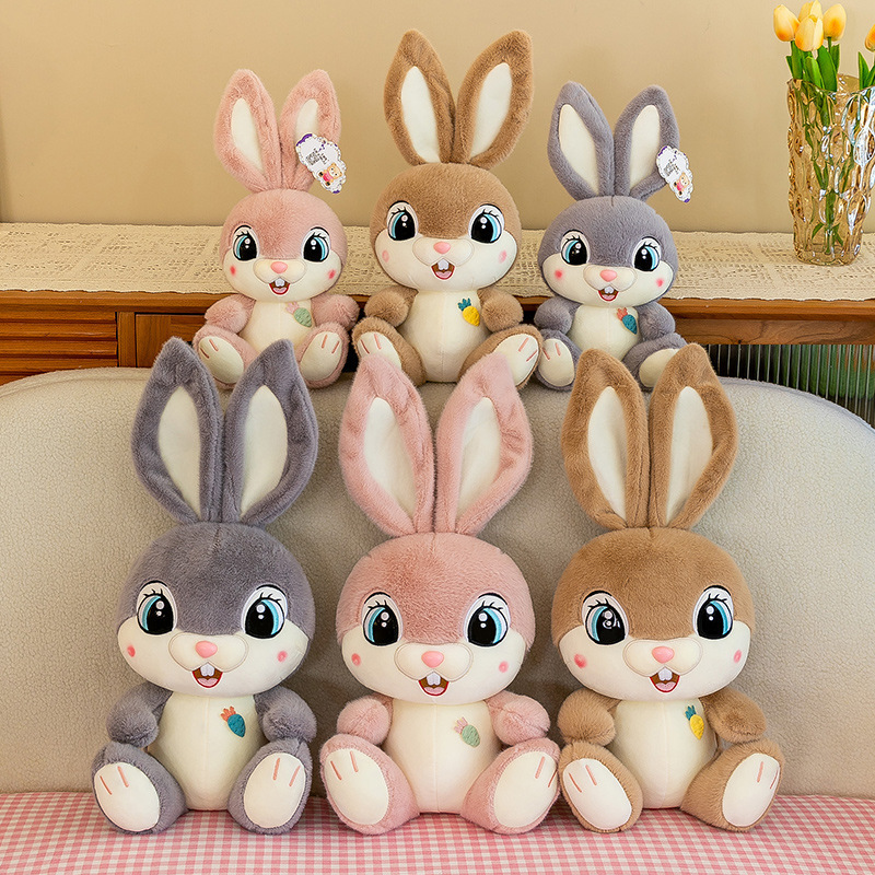 Sweet Bunny plush toys arranged in gray, pink, and brown color options with multiple size choices, perfect for cuddling, decorating bedrooms, and gifting