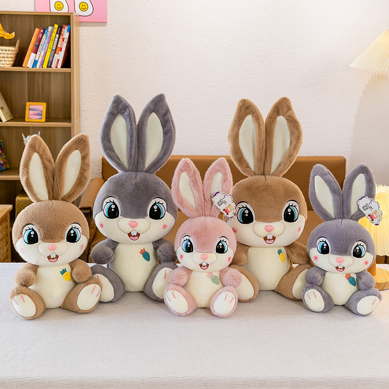 Sweet Bunny plush toys in Gray, Brown, and Pink with multiple size options, displayed together to showcase color variations and size choices