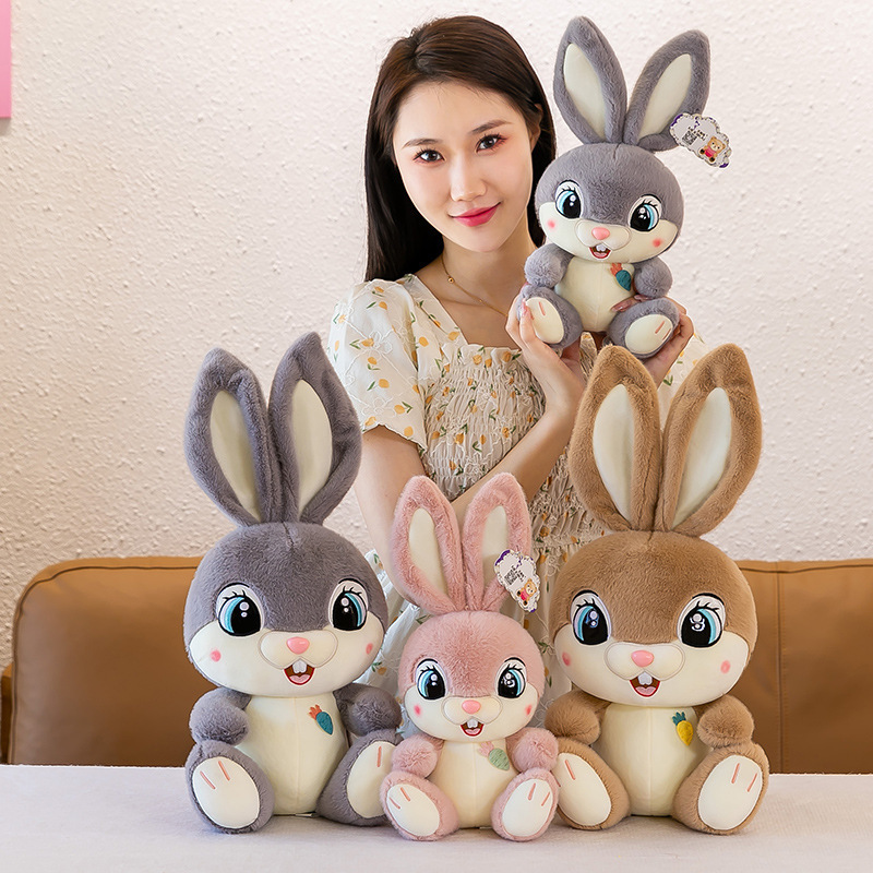 Sweet Bunny plush toys in multiple sizes and colors, highlighting the huggable bunny design, long ears, and soft plush construction