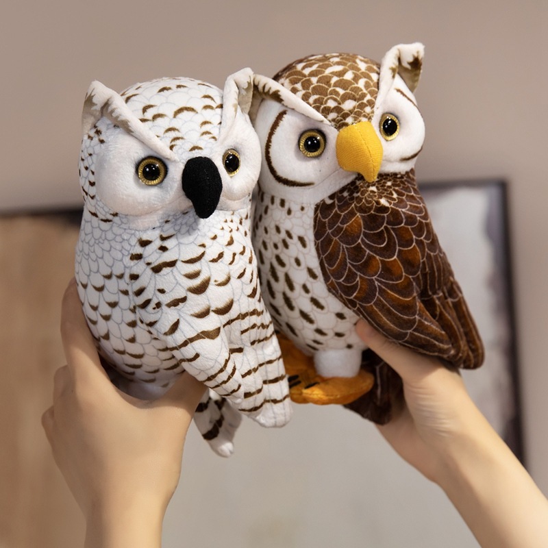 Realistic owl plush toys in brown and white color options, featuring detailed feather prints, soft plush fabric, and a portable size ideal for collecting or decorating small spaces