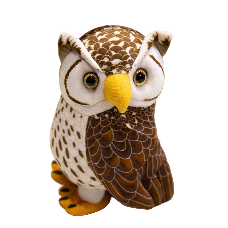 Brown owl plush toy with realistic feather detailing, bright embroidered eyes, and soft plush fabric, ideal for collecting, displaying, or gifting to owl lovers