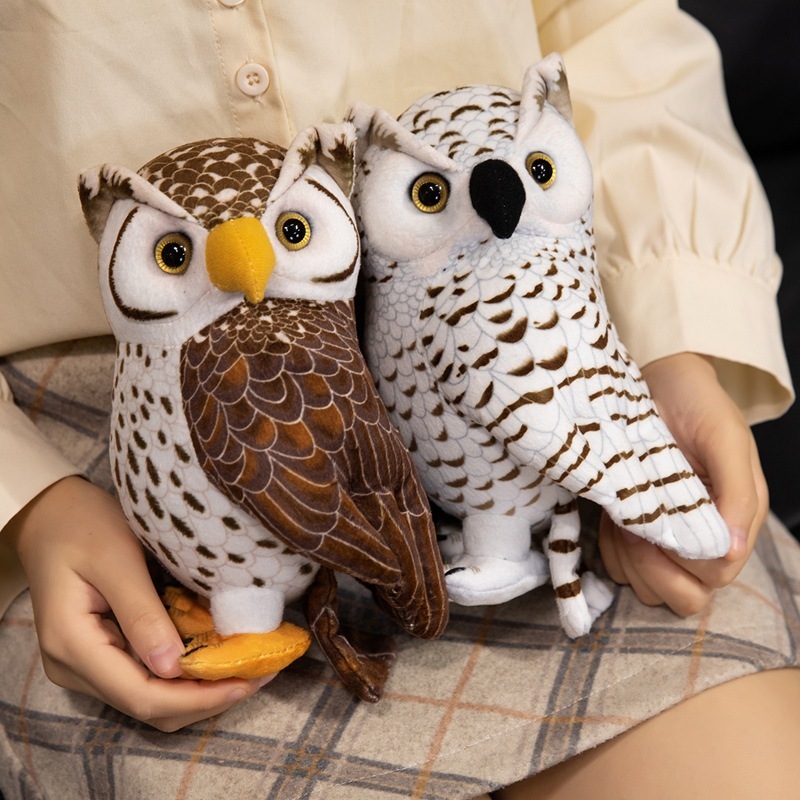 Realistic owl plush toys in brown and white color options, featuring detailed feather prints, soft plush fabric, and a comfortable size for cuddling or collecting
