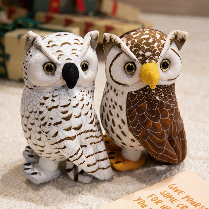 Brown and white owl plush toys with realistic feather patterns and expressive eyes, displayed together on a cozy carpet, perfect for woodland-themed decor and collecting
