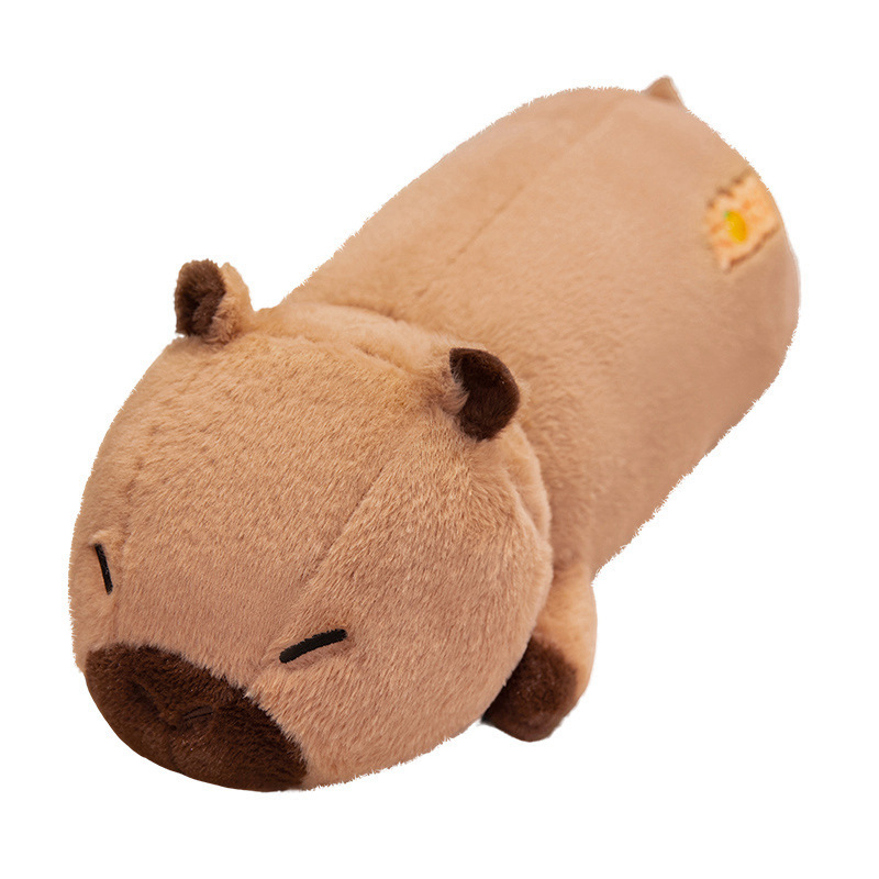 Lucky Capybara plush pillow with a long body shape, ultra-soft plush fabric, and fluffy PP cotton filling, designed for hugging, relaxing, and adding a cute touch to beds or sofas