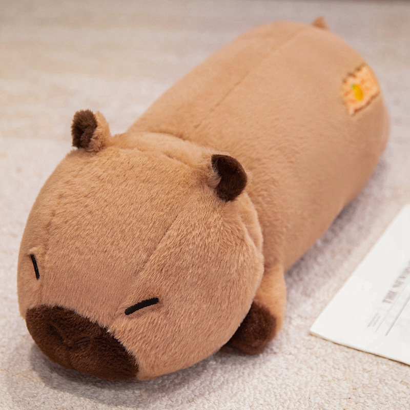 Lucky Capybara plush body pillow with embroidered “Da Ji Da Li” lucky design, featuring soft plush fabric and a cuddly capybara shape