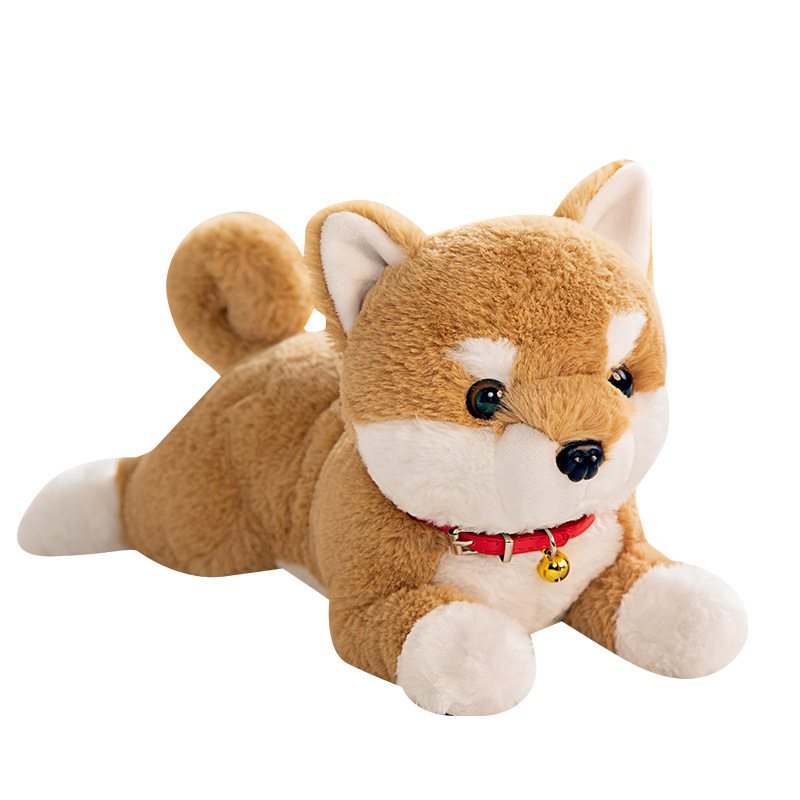 Brown Shiba Inu plush toy featuring fluffy plush fabric and a bell collar