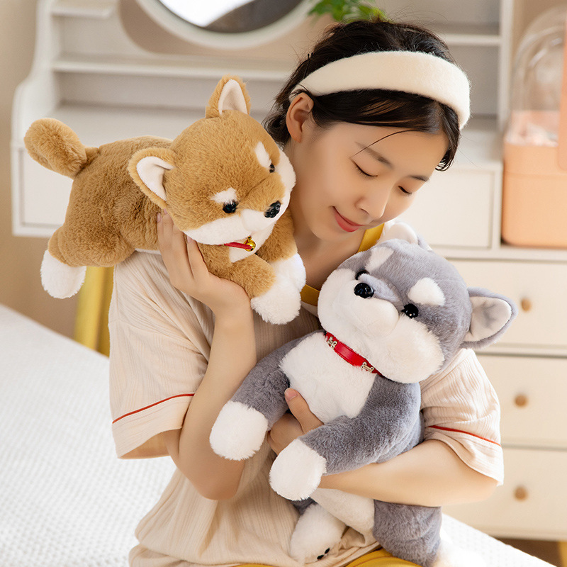 Brown and gray Shiba Inu plush toys with soft fur and bell collars for cuddling and display