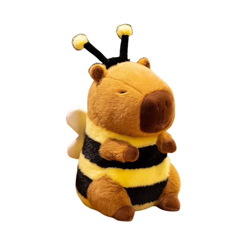 Bee Capybara Plush Toy with fuzzy antennae, soft wings, and black-and-yellow bumblebee stripes, featuring a cute sleepy expression and plush fabric texture