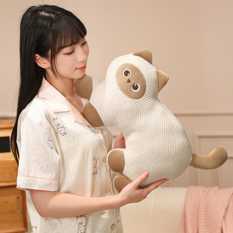 Soft Siamese Cat cooling plush pillow in a huggable size, designed for cuddling, lounging, sleeping, and cozy bedroom comfort