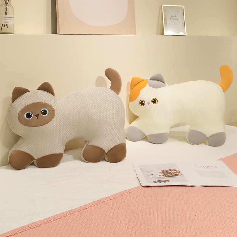 Calico Cat and Siamese Cat cooling plush pillows styled in a cozy bedroom setting, ideal for lounging, sleeping, and home decor