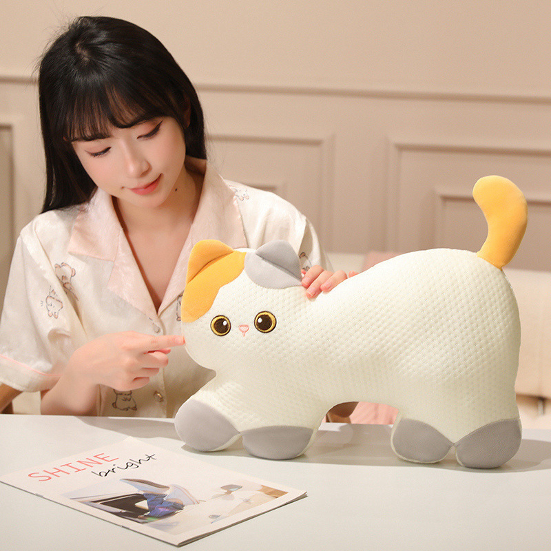 Cute Calico Cat cooling plush pillow with embroidered facial details and textured cooling fabric, perfect for cuddling, decorating, and everyday relaxation
