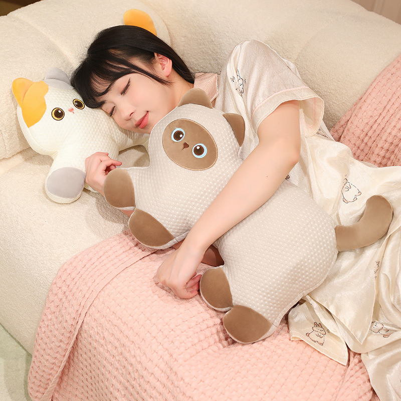 Cooling cat plush pillows used for cuddling and sleeping, featuring soft PP cotton filling and breathable cooling fabric for cozy comfort