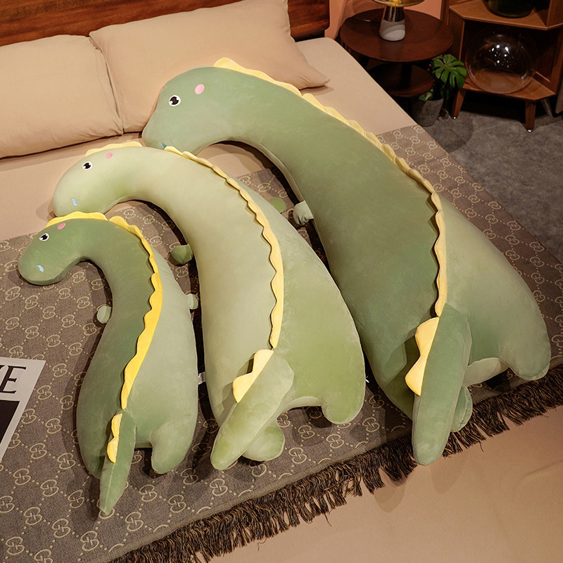 Round Eyes Dinosaur Long Plush Pillows showcasing available sizes from 80 cm to 150 cm.