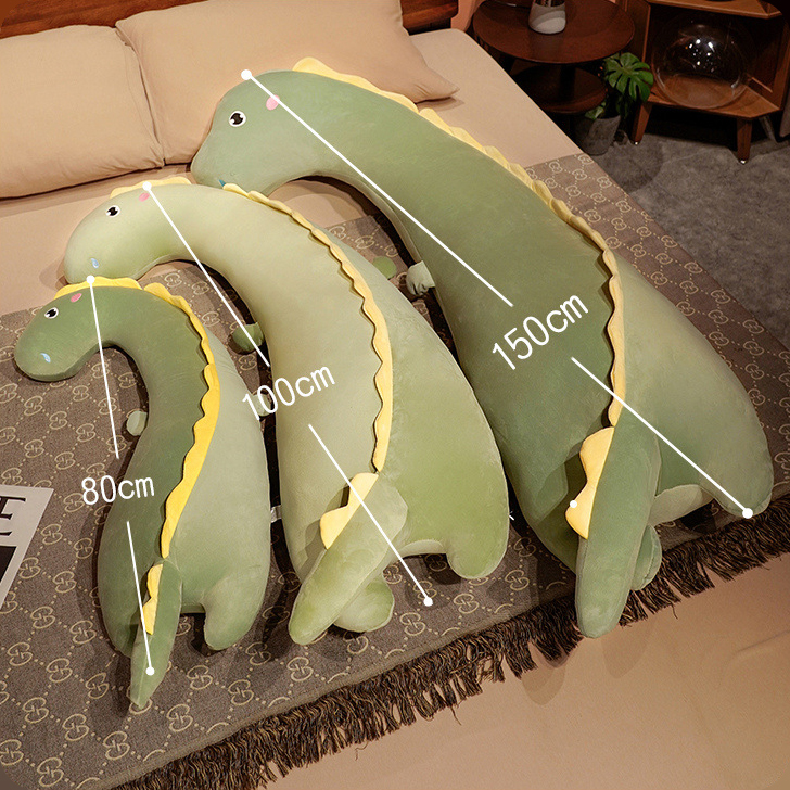 Dinosaur long plush pillow size comparison showing 80 cm, 100 cm, and 150 cm options, ideal for cuddling, sleeping, and full-body support