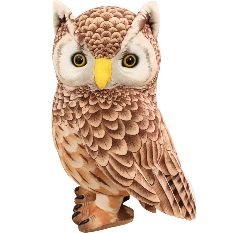 Cute Owl Plush Toy featuring detailed feather-inspired printing, bright expressive eyes, and a standing owl design