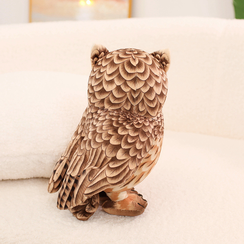 Cute Owl Plush Toy rear view highlighting detailed feather-inspired printing across the wings and back for a realistic woodland-inspired look