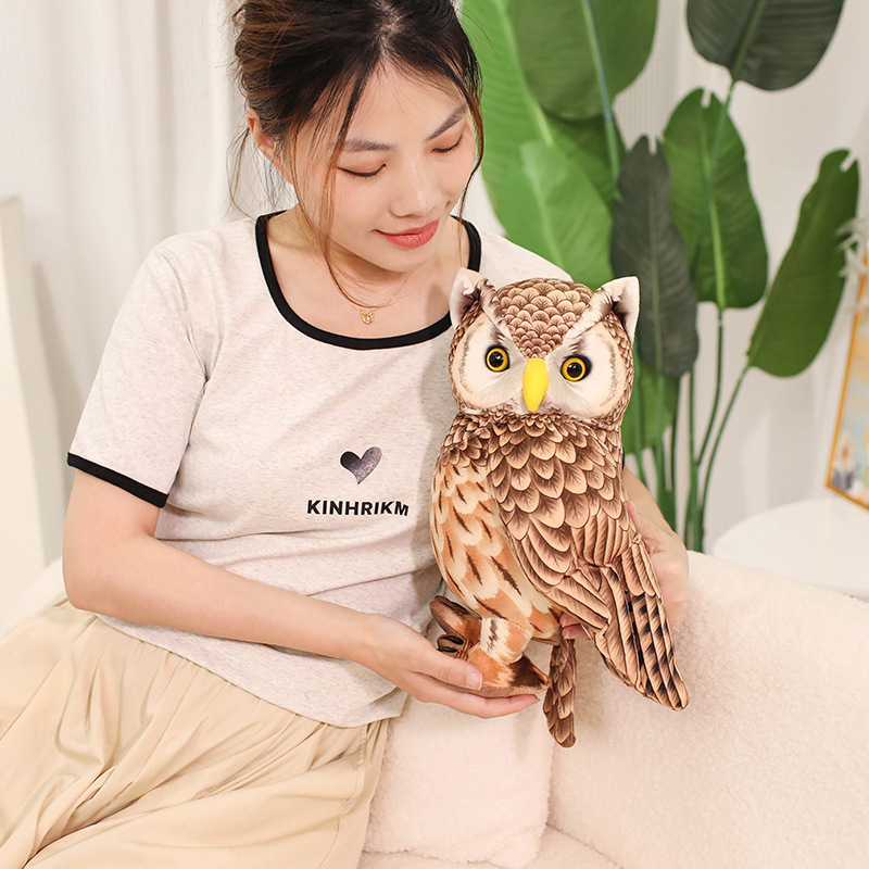 ute Owl Plush Toy with detailed feather-inspired printing, bright eyes, and a standing design that adds woodland charm to shelves and living spaces