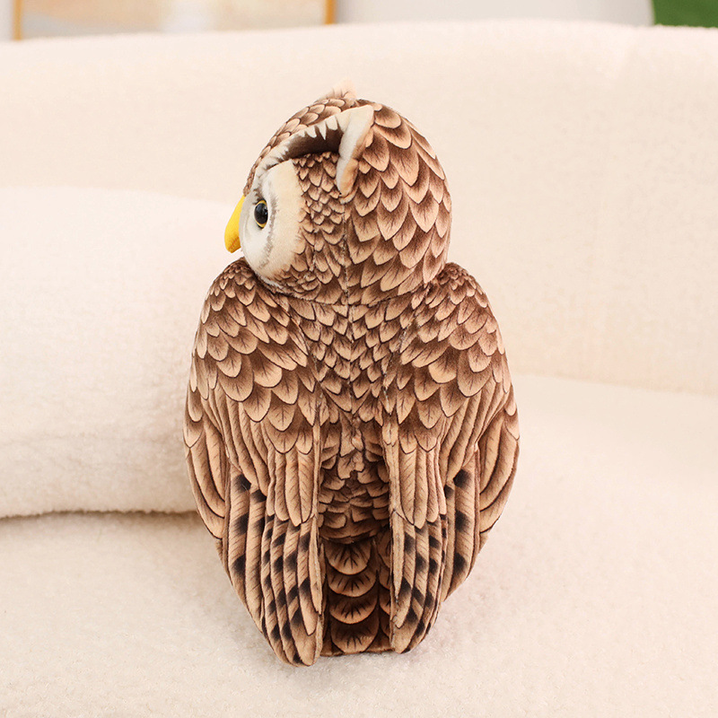 Cute Owl Plush Toy side and rear view showcasing layered feather-inspired printing and a detailed standing owl silhouette