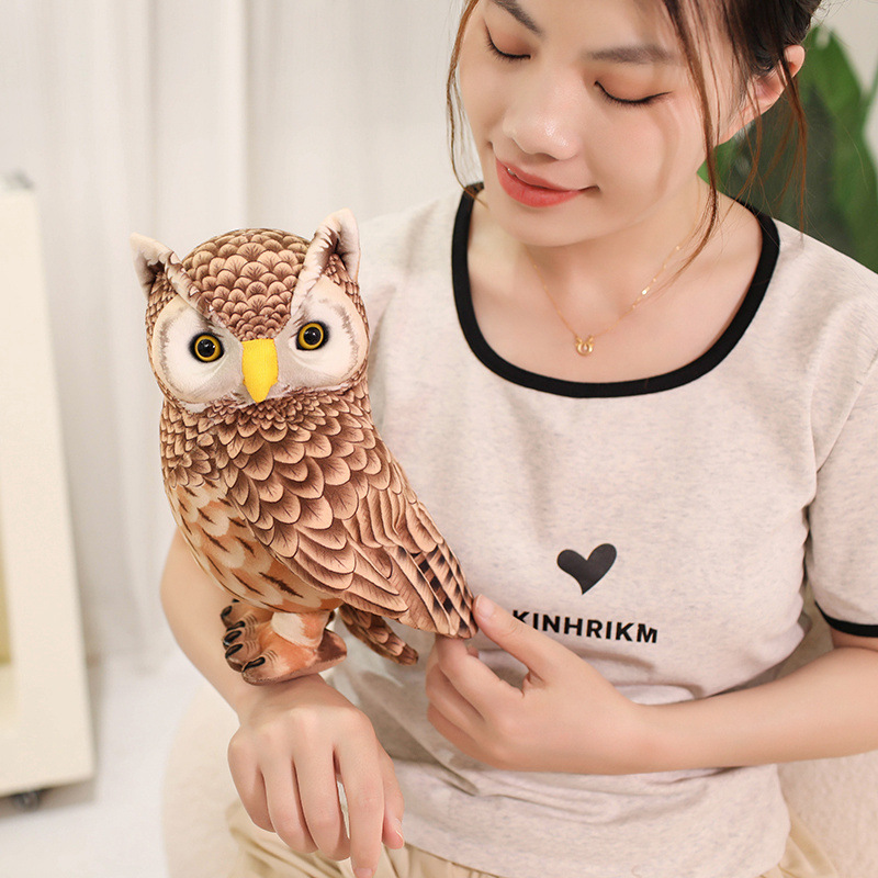 Cute Owl Plush Toy featuring detailed feather-inspired printing, expressive eyes, and a soft standing owl design inspired by woodland wildlife