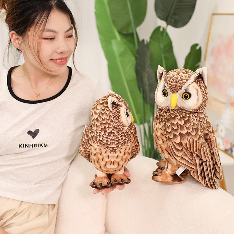 Cute Owl Plush Toy shown in two sizes with detailed feather-inspired printing, bright eyes, and a standing owl design for display and collecting