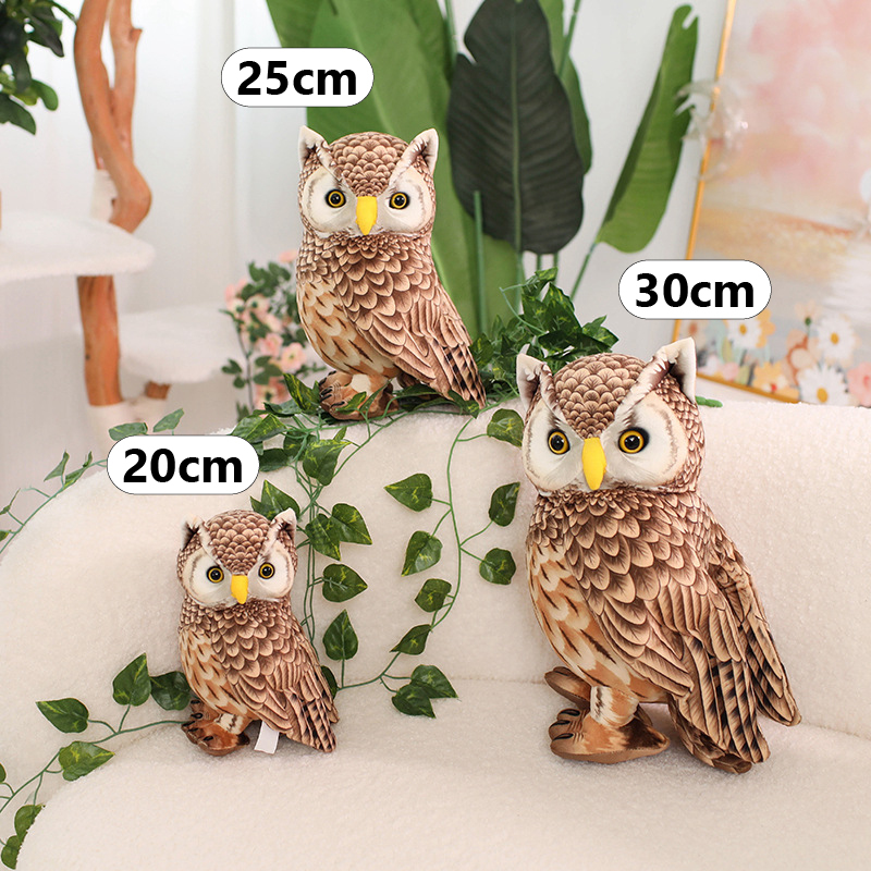 Cute Owl Plush Toy size comparison showing 20 cm, 25 cm, and 30 cm options with detailed feather-inspired printing and a standing owl design