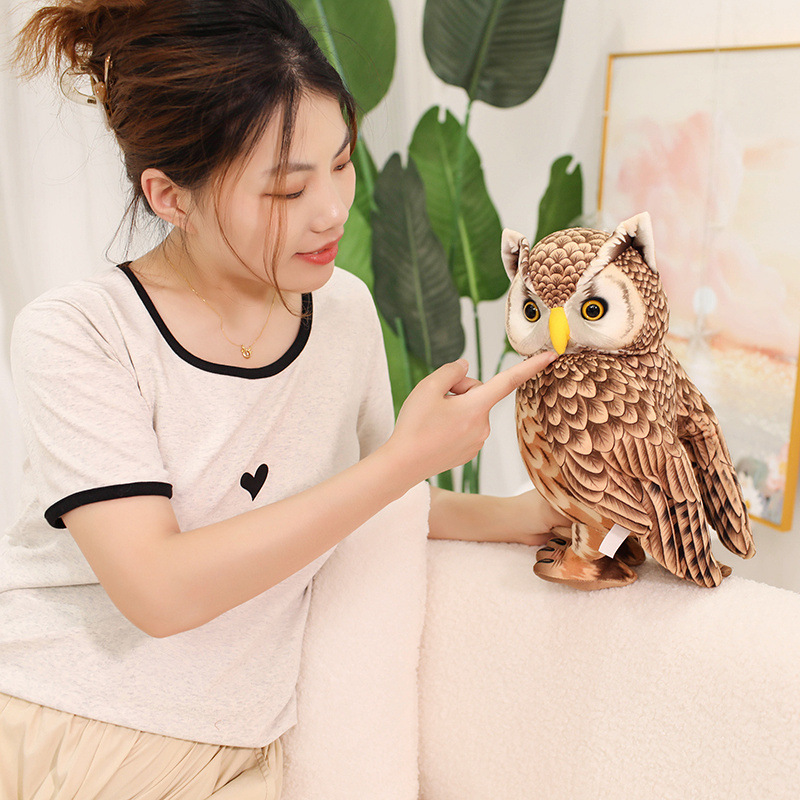 Cute Owl Plush Toy highlighting detailed feather-inspired printing, expressive eyes, and a decorative standing owl design for home display