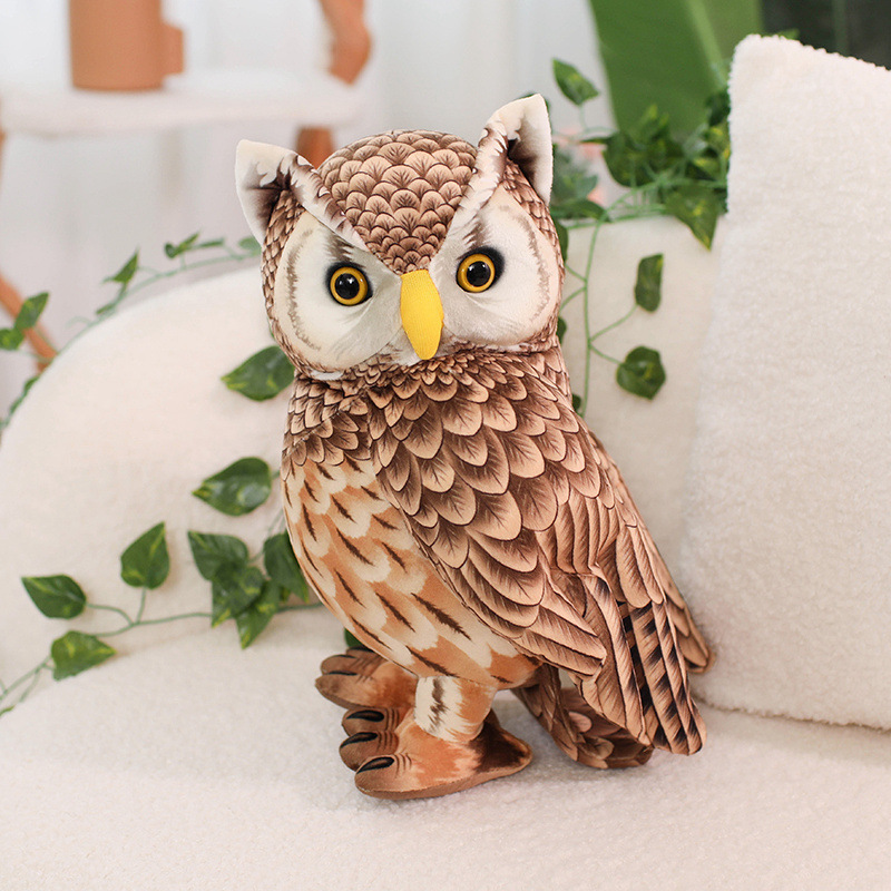 Cute Owl Plush Toy with detailed feather-inspired printing, expressive eyes, and a standing design, ideal for display, decorating, and collecting