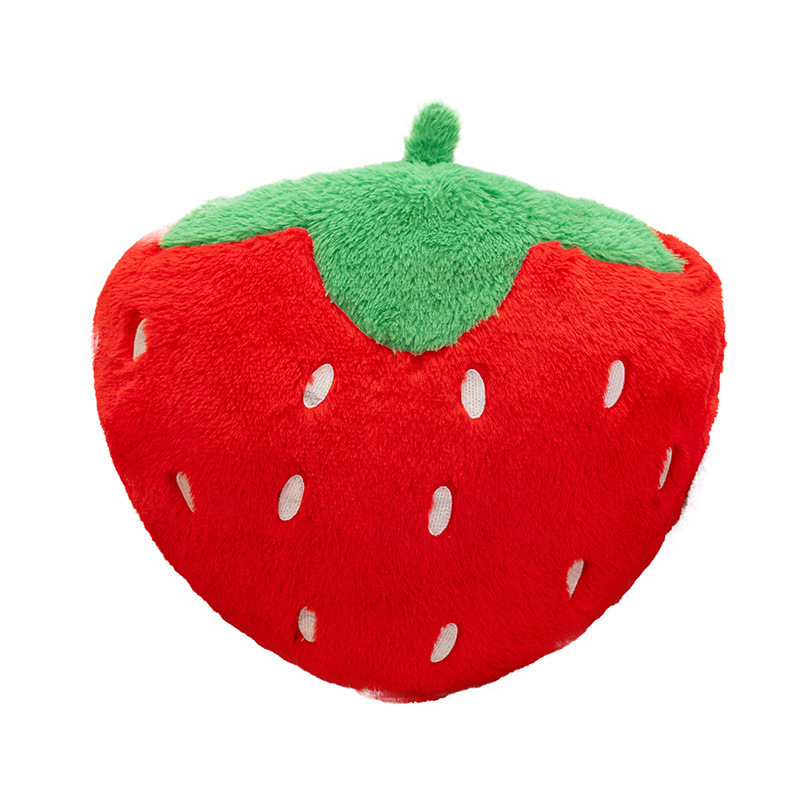 Strawberry plush pillow in faux rabbit fur fabric with strawberry-shaped design and soft plush texture