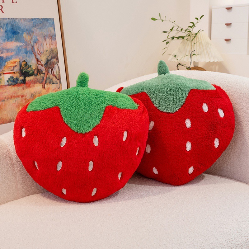 Strawberry plush pillows in terry plush and faux rabbit fur styles, featuring a cute fruit-inspired design and cozy decorative appeal