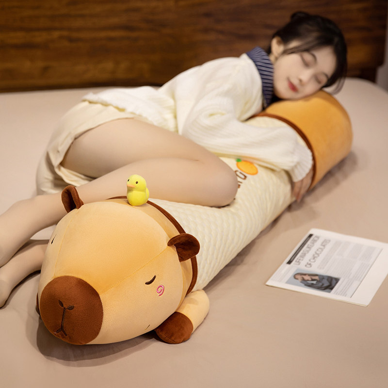 Cute Capybara Long Plush Pillow in cooling fabric, designed for hugging, cuddling, and comfortable sleep support