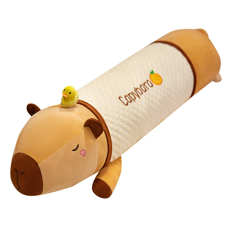 Cute Capybara Long Plush Pillow in cooling fabric featuring a textured center panel, sleepy capybara design, and tiny duck companion