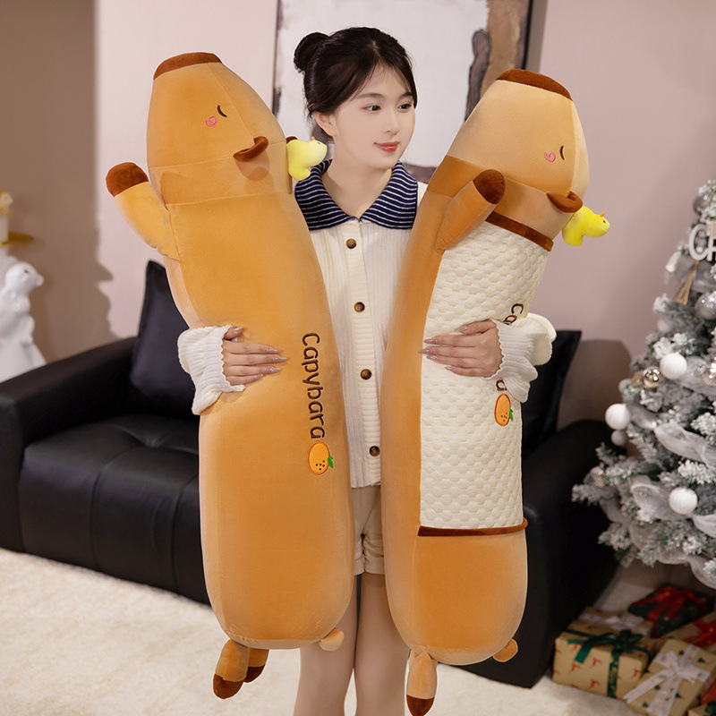 Cute Capybara Long Plush Pillow in plush and cooling fabric styles, featuring embroidered details, a tiny duck accent, and a long body design ideal for cuddling and relaxation