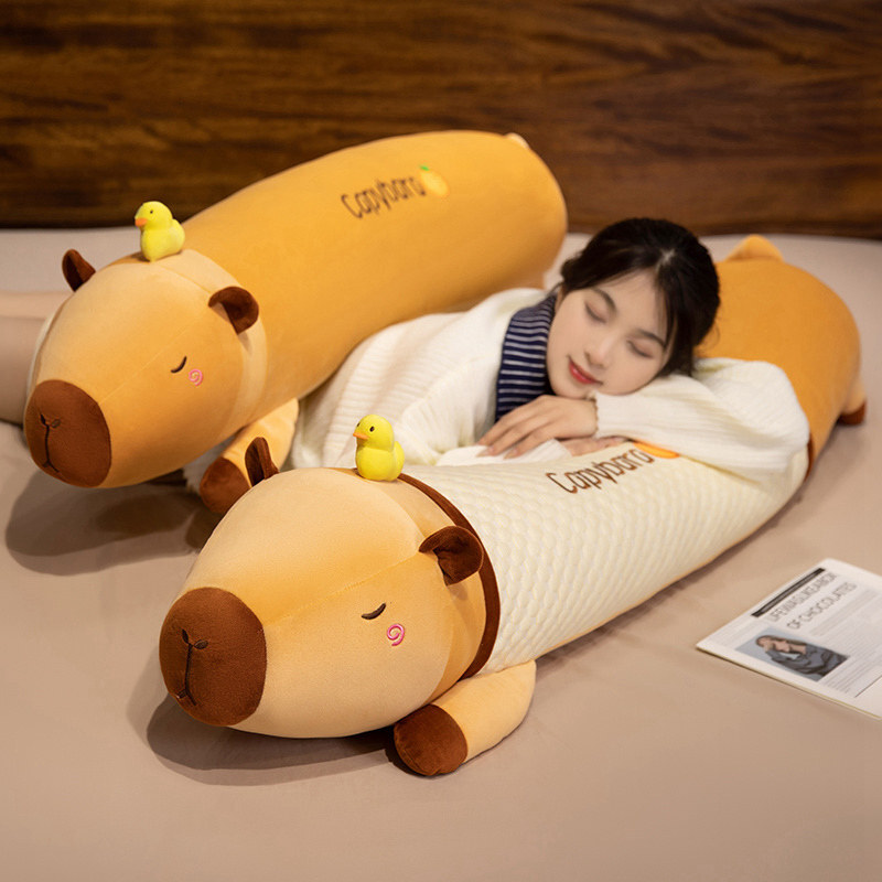 Cute Capybara Long Plush Pillow in cooling fabric with a textured center panel, designed for hugging, lounging, and comfortable sleep support