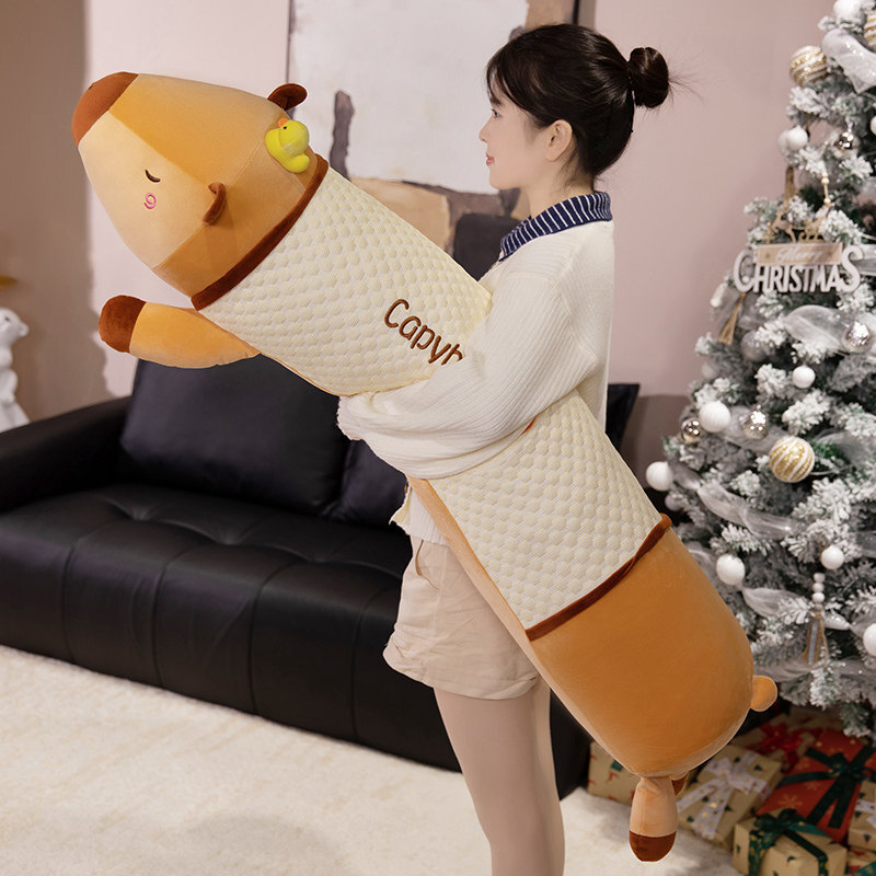 Cute Capybara Long Plush Pillow in cooling fabric with a textured center panel, showcasing its long body design and hugging comfort
