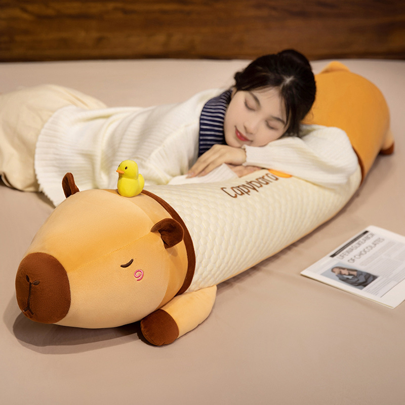 Cute Capybara Long Plush Pillow in cooling fabric with a textured center panel, ideal for cuddling, resting, and relaxing