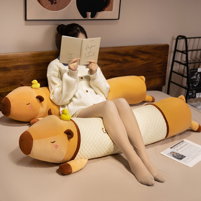 Cute Capybara Long Plush Pillow in cooling fabric with a textured center panel, providing comfortable support for reading and relaxing