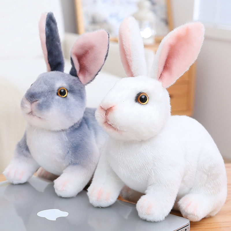 White and Gray Realistic Rabbit Plush Toys in crouching style with soft plush fabric and lifelike rabbit features