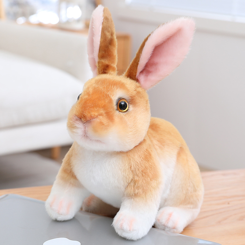 Brown Realistic Rabbit Plush Toy in crouching style featuring soft fur texture and realistic rabbit details