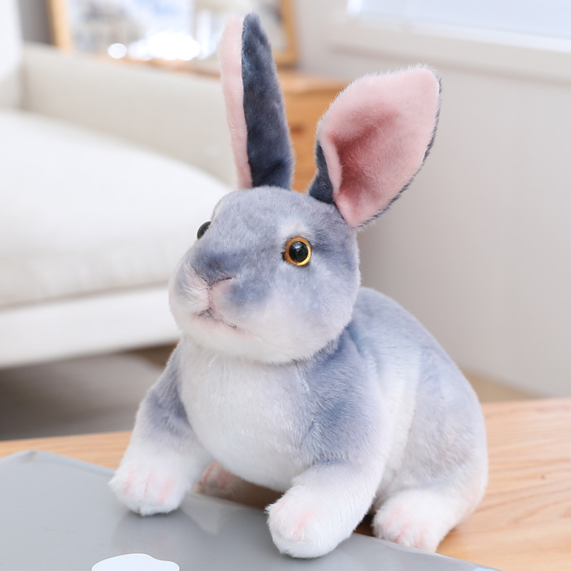 Gray Realistic Rabbit Plush Toy in crouching style with lifelike fur texture and expressive eyes