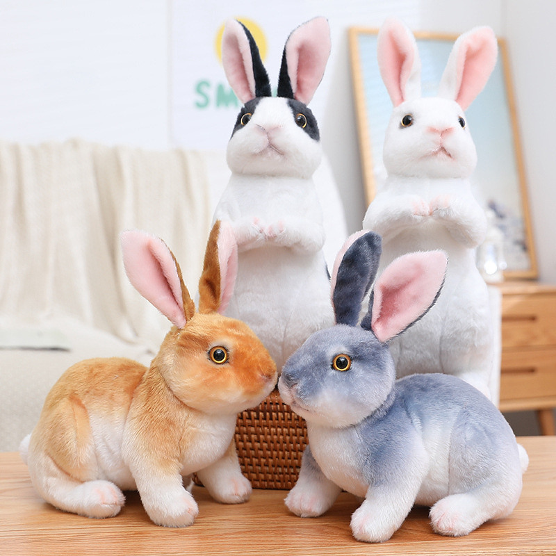 Realistic Rabbit Plush Toy featuring sitting and crouching styles in White, Black White, Brown, and Gray colors with lifelike bunny details