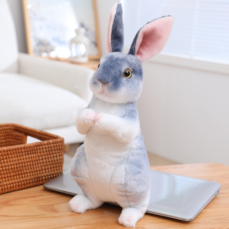 Gray Realistic Rabbit Plush Toy in sitting style with lifelike fur texture and expressive eyes