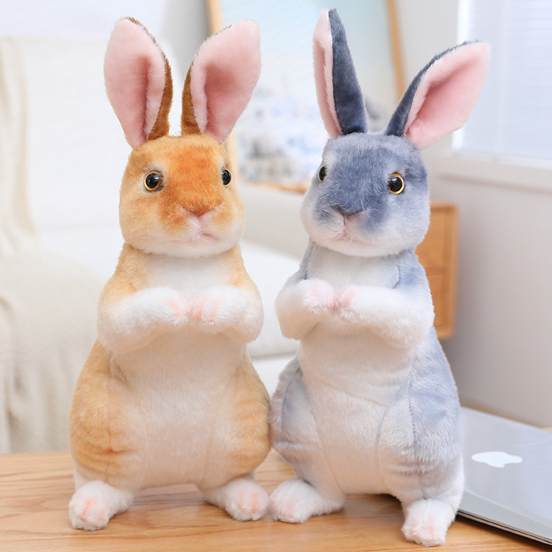Brown and Gray Realistic Rabbit Plush Toys in sitting style with lifelike fur textures, upright bunny poses, and expressive eyes