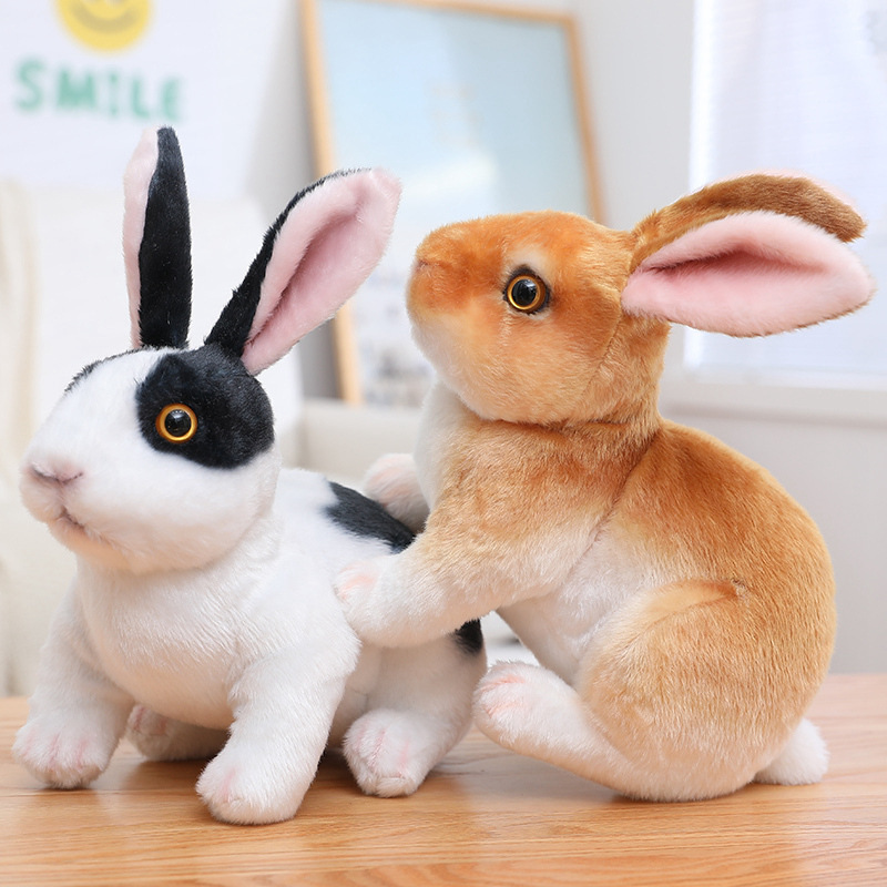 Black White and Brown Realistic Rabbit Plush Toys in crouching style with lifelike rabbit poses and detailed fur textures