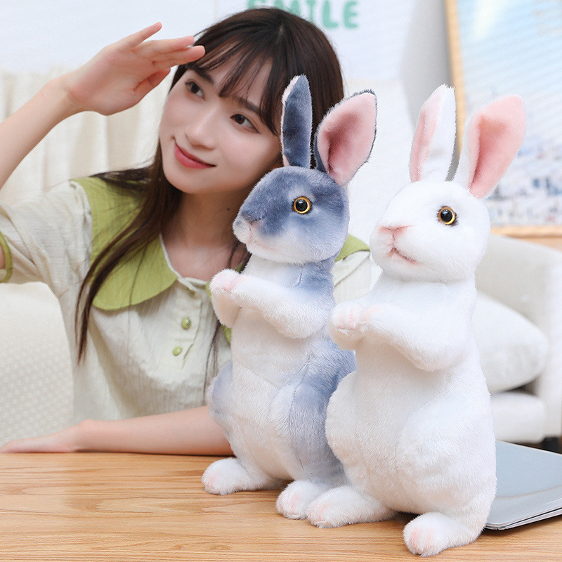 Gray and White Realistic Rabbit Plush Toys in sitting style featuring upright bunny poses and realistic details
