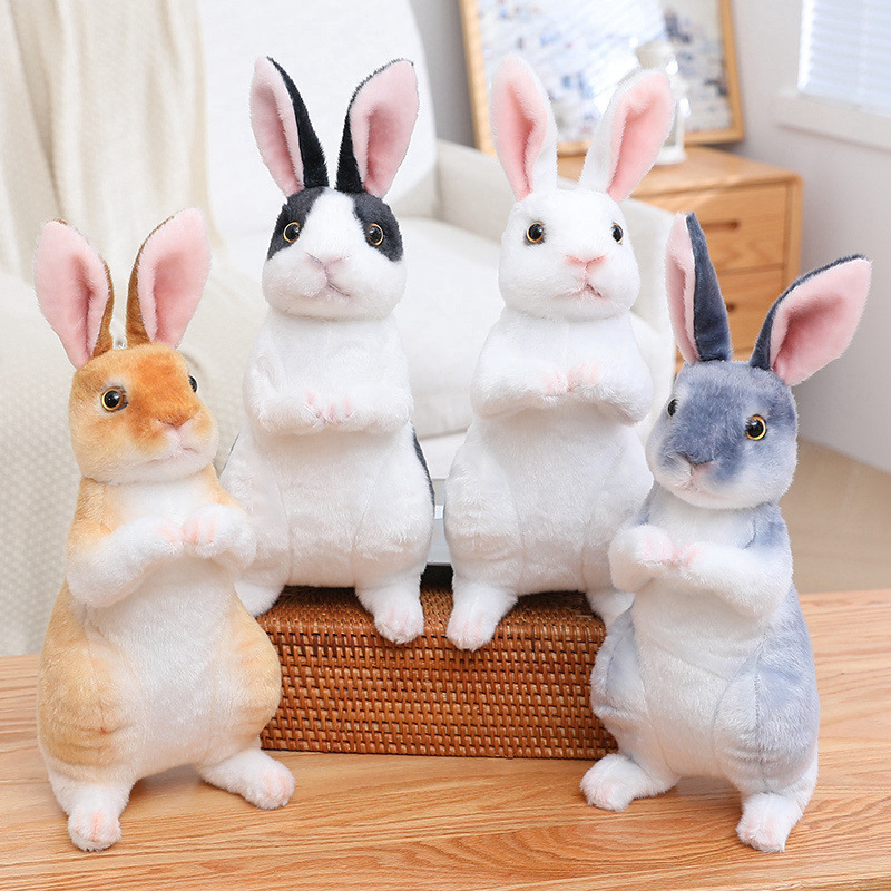 Realistic Rabbit Plush Toys in White, Black White, Brown, and Gray colors featuring sitting bunny designs and lifelike details