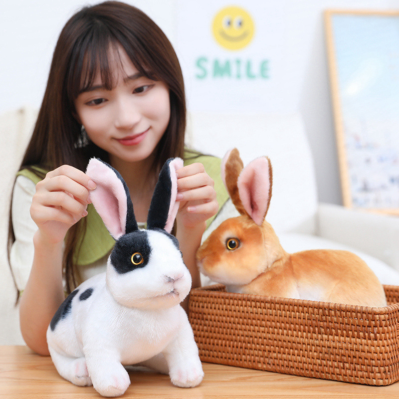 Black White and Brown Realistic Rabbit Plush Toys in crouching style showcasing realistic bunny poses and soft fur textures